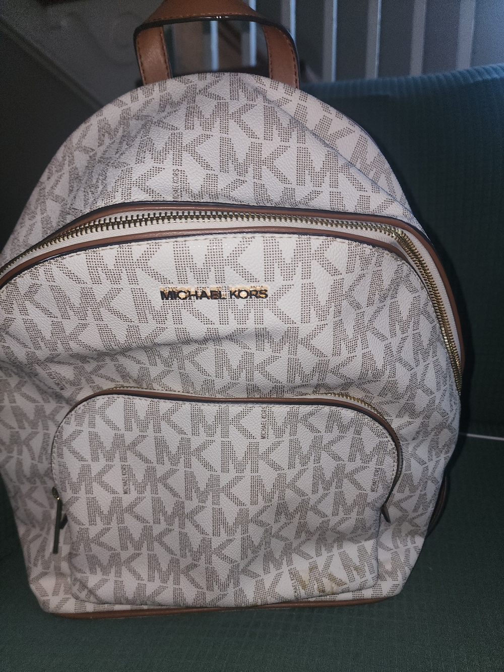 Michael Kors White and Tan MK Logo Backpack